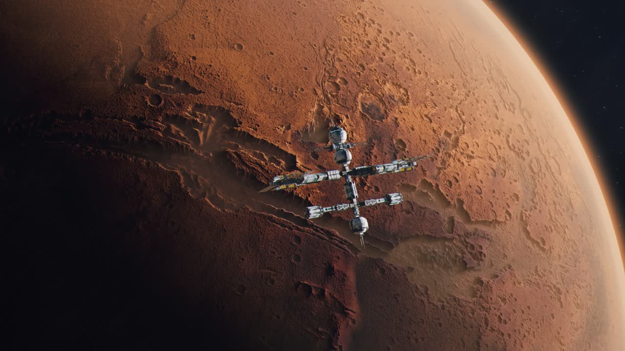 Futuristic Space Station Orbiting Mars, The Red Planet