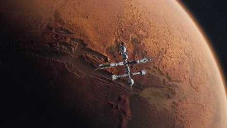 Futuristic-Space-Station-Orbiting-Mars,-The-Red-Planet