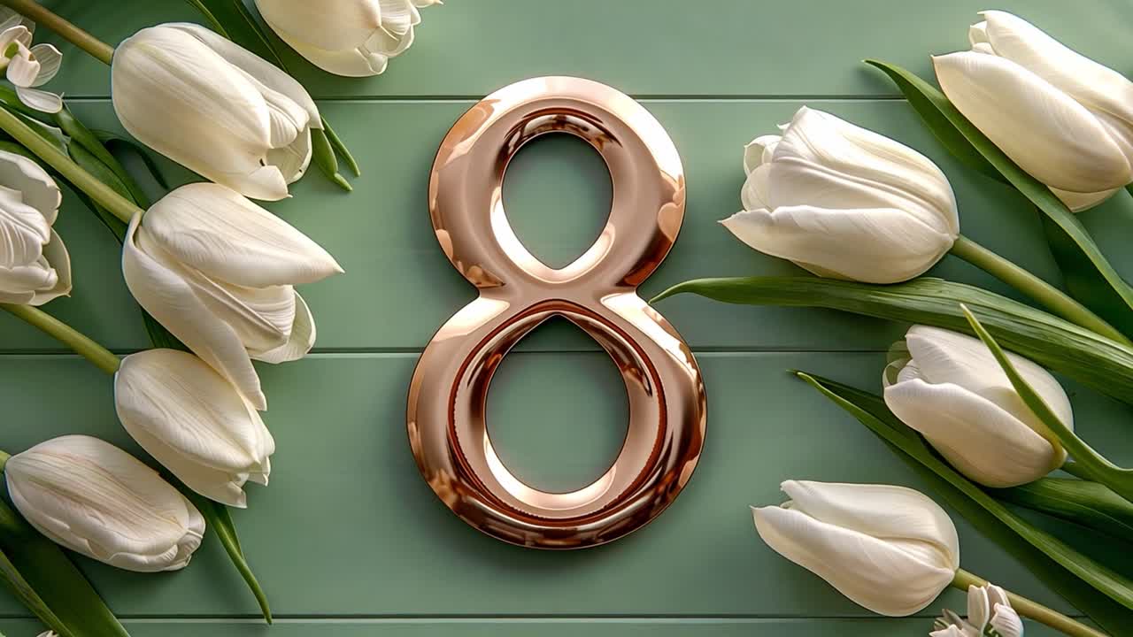 International Women's Day (March 8th) composition with white tulips and rose gold number 8 on green wood