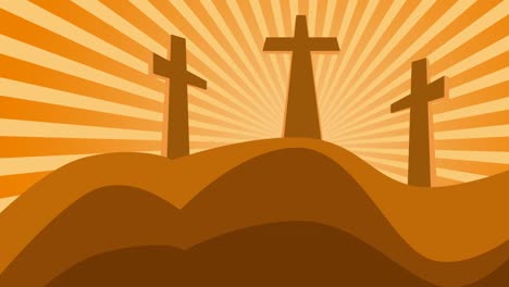 three christian crosses. silhouette on hill of calvary with rays sun in background