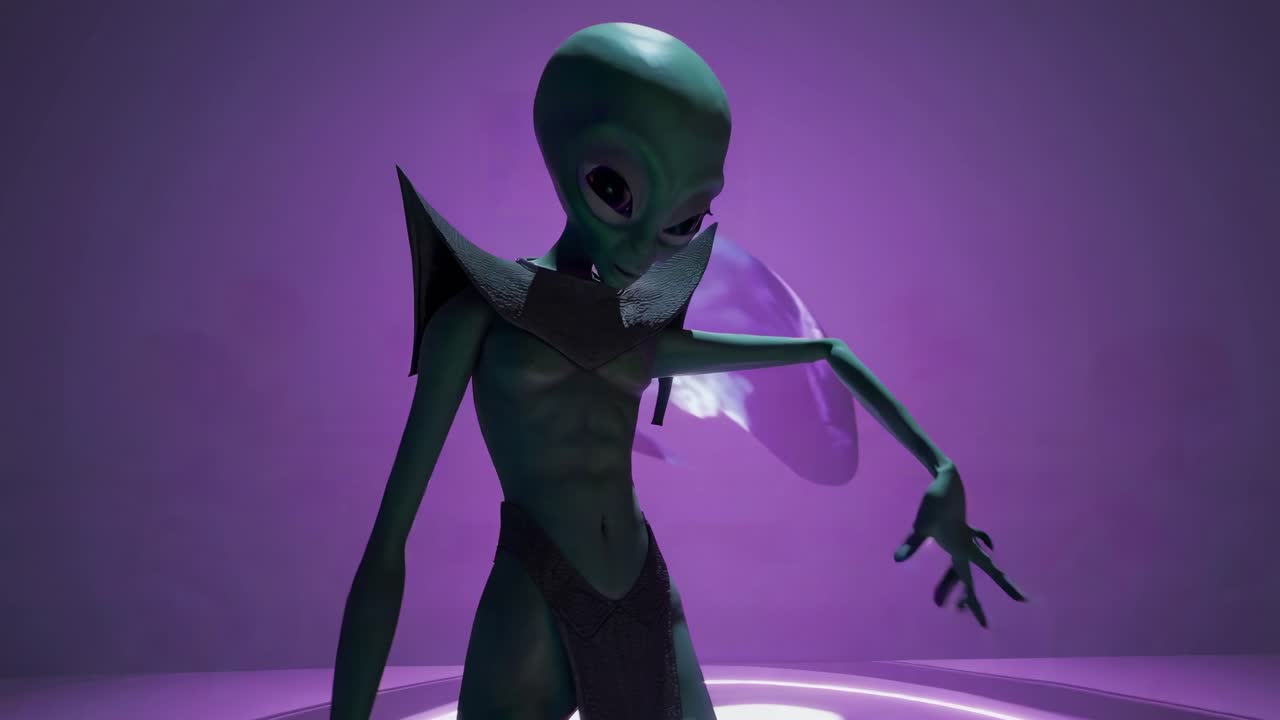 Green alien interacting with futuristic display technology, showcasing innovation and exploration in an otherworldly setting, bathed in purple light