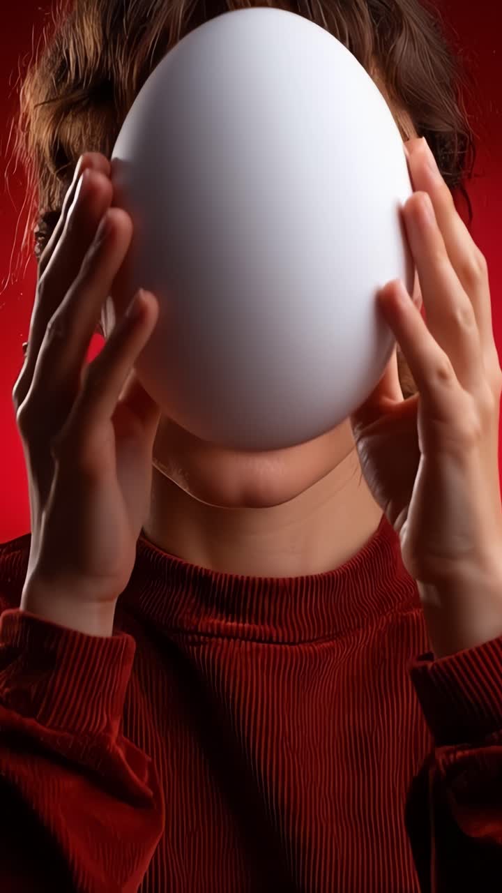 Una donna tiene un uovo bianco immacolato vicino al viso contro uno sfondo rosso sorprendente, creando un intrigante contrasto visivo e un senso di mistero.