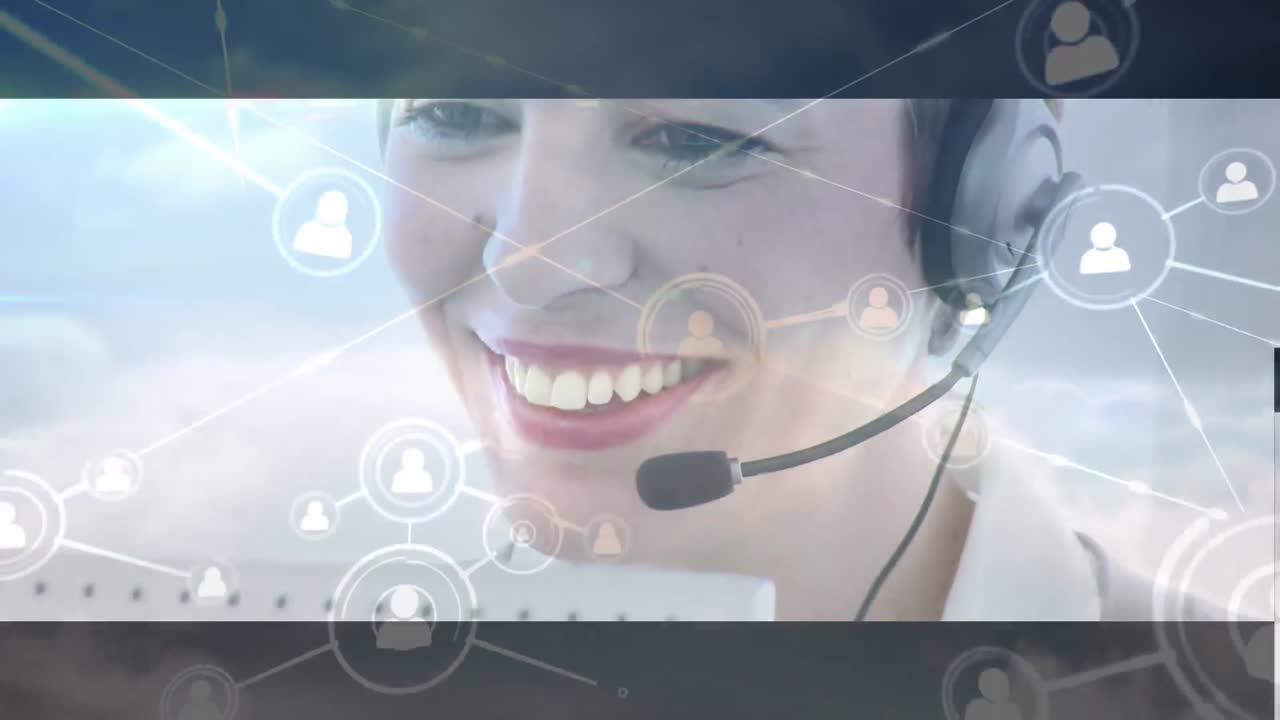 animación de personas de negocios que usan computadoras y auriculares telefónicos y red de conexiones