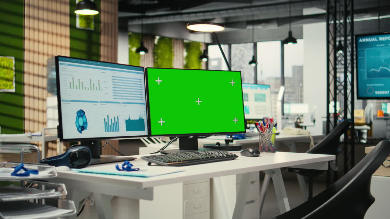 Vertical Video Contemporary office space equipped with green screen on dual monitors