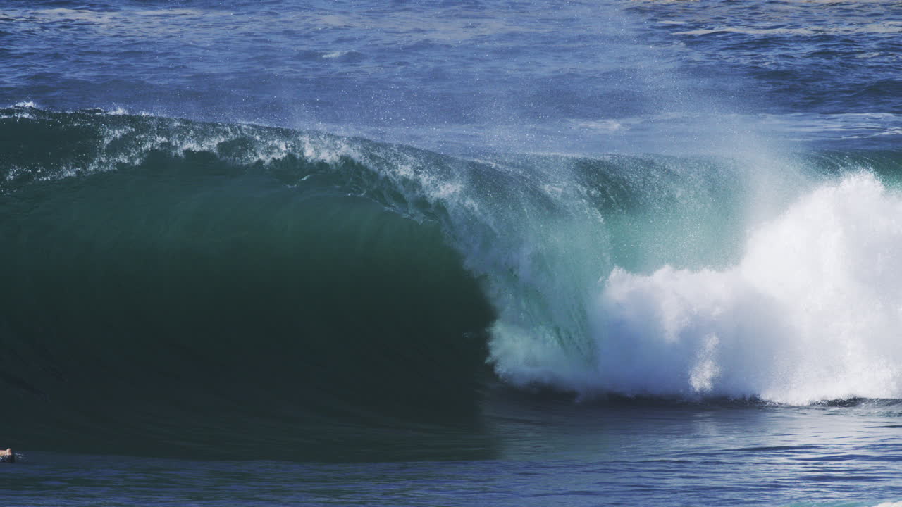 Left-breaking wave barrels cleanly, mist lifts from inside in soft early light