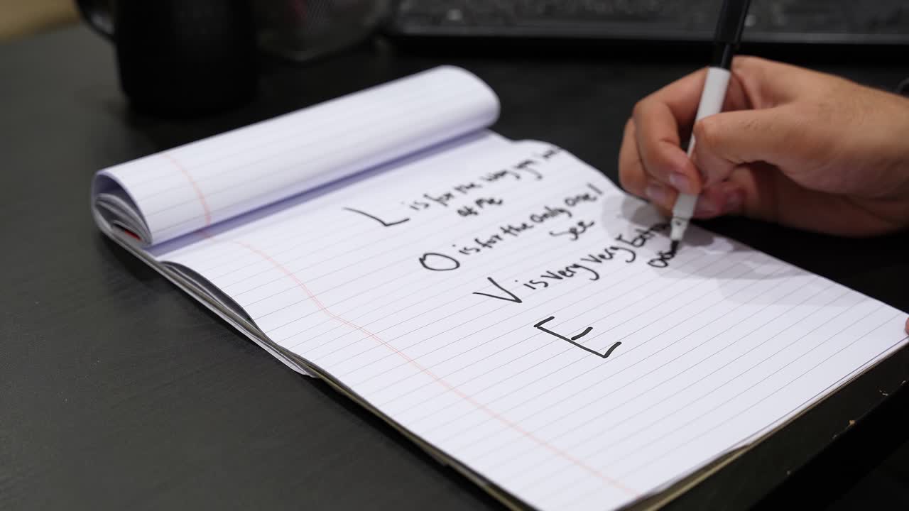 Close-up of a hand writing a romantic acrostic message in a lined notebook with black marker on a dark desk, shallow depth of field and soft indoor lighting