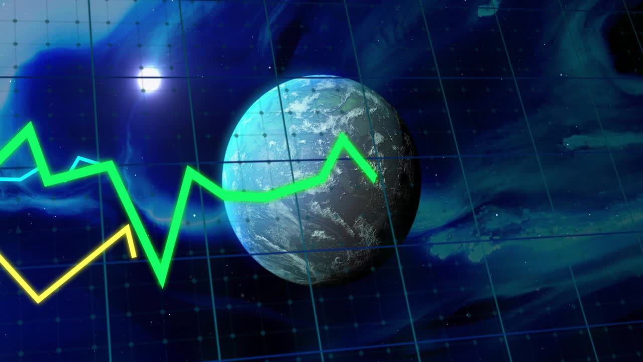 Animazione di elaborazione dati su globo e nuvole