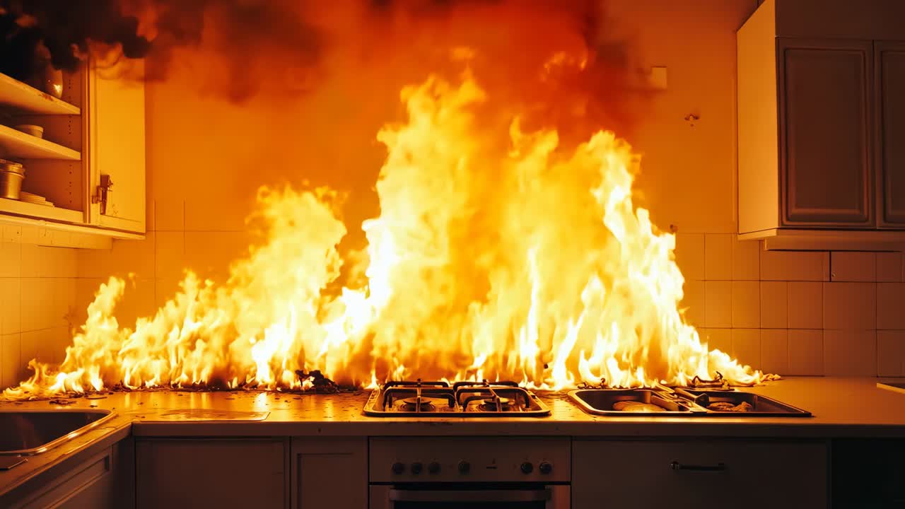 una cocina con una estufa en llamas en el medio de ella