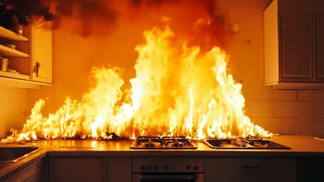 a kitchen with a stove on fire in the middle of it