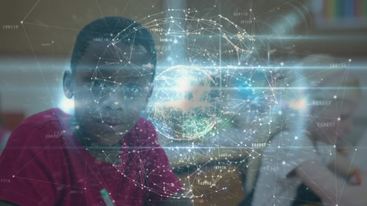 animación del globo con una red de conexiones sobre la escritura de los escolares