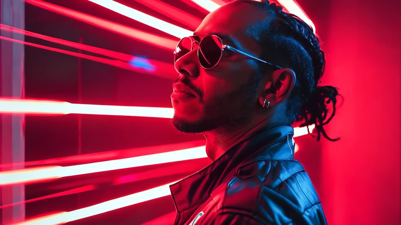 A man wearing sunglasses standing in front of a red light