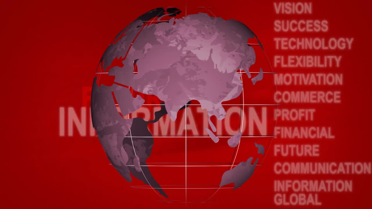 비즈니스 키워드가 떠다니는 빨간색 배경 위의 회전 지구 애니메이션