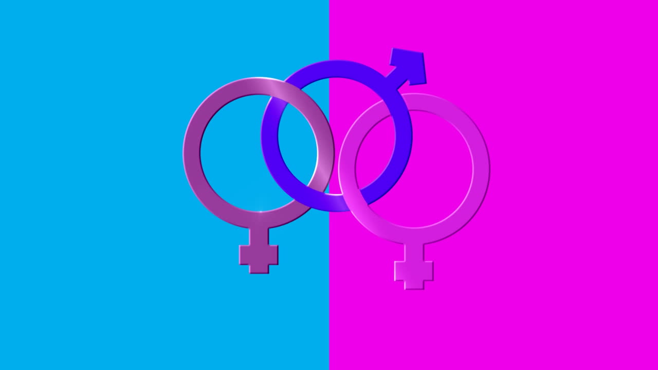 Tre simboli femminili e maschili uniti su sfondo rosa e blu