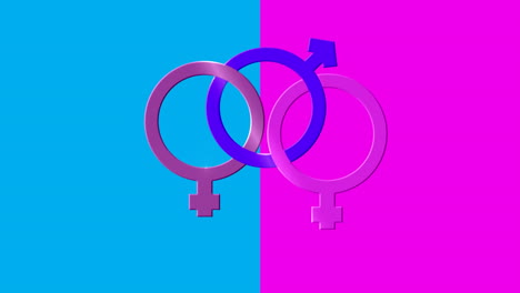 three joined female and male symbols on pink and blue background