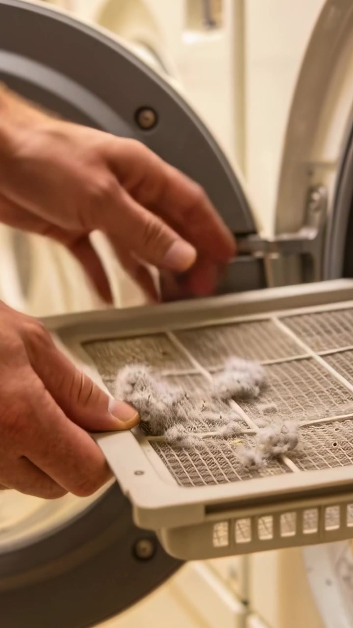 Vertical video: Removing lint trap, man cleaning mesh by dryer drum at home for safety, blue cuff