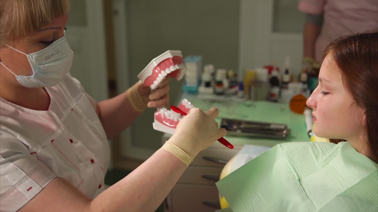 Dentist showing proper brushing technique to a child patient