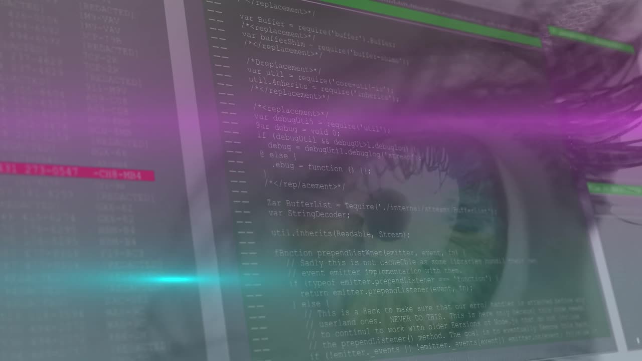 Animation of data processing over woman's eye in background