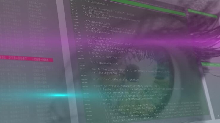 Animation of data processing over woman's eye in background