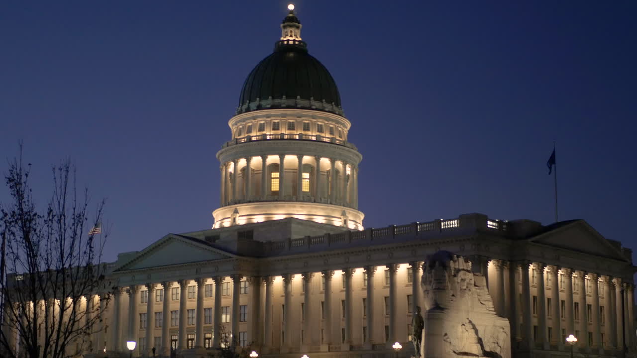 The Utah State Capitol building in Salt Lake City during the night with its lights on
