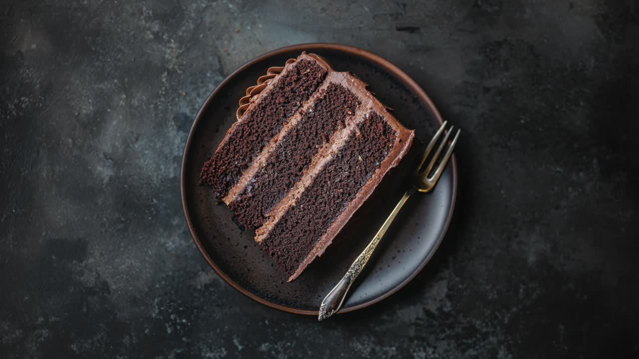 A slice of decadent chocolate cake with chocolate frosting on a dark brown plate with a fork
