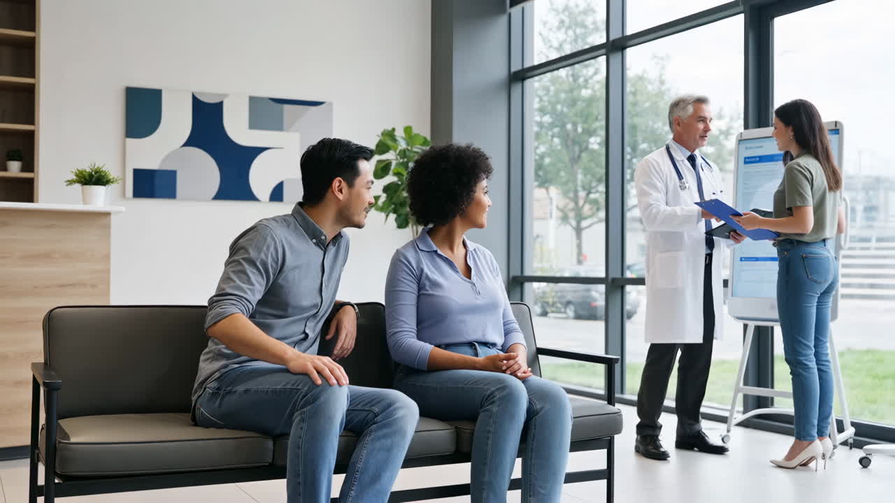 Patients waiting in a modern doctor's office with a doctor consulting another patient