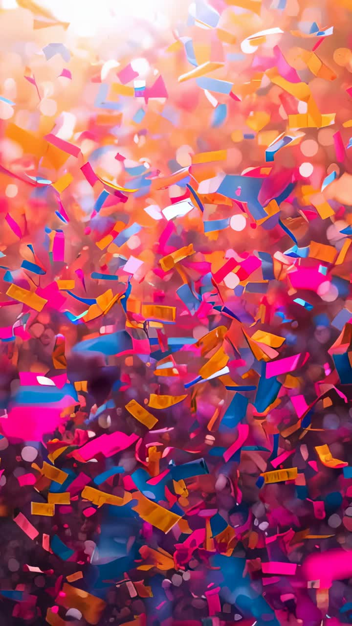 Vertical video: Pulling camera back, confetti sphere forming rotating orb in blue with dark core