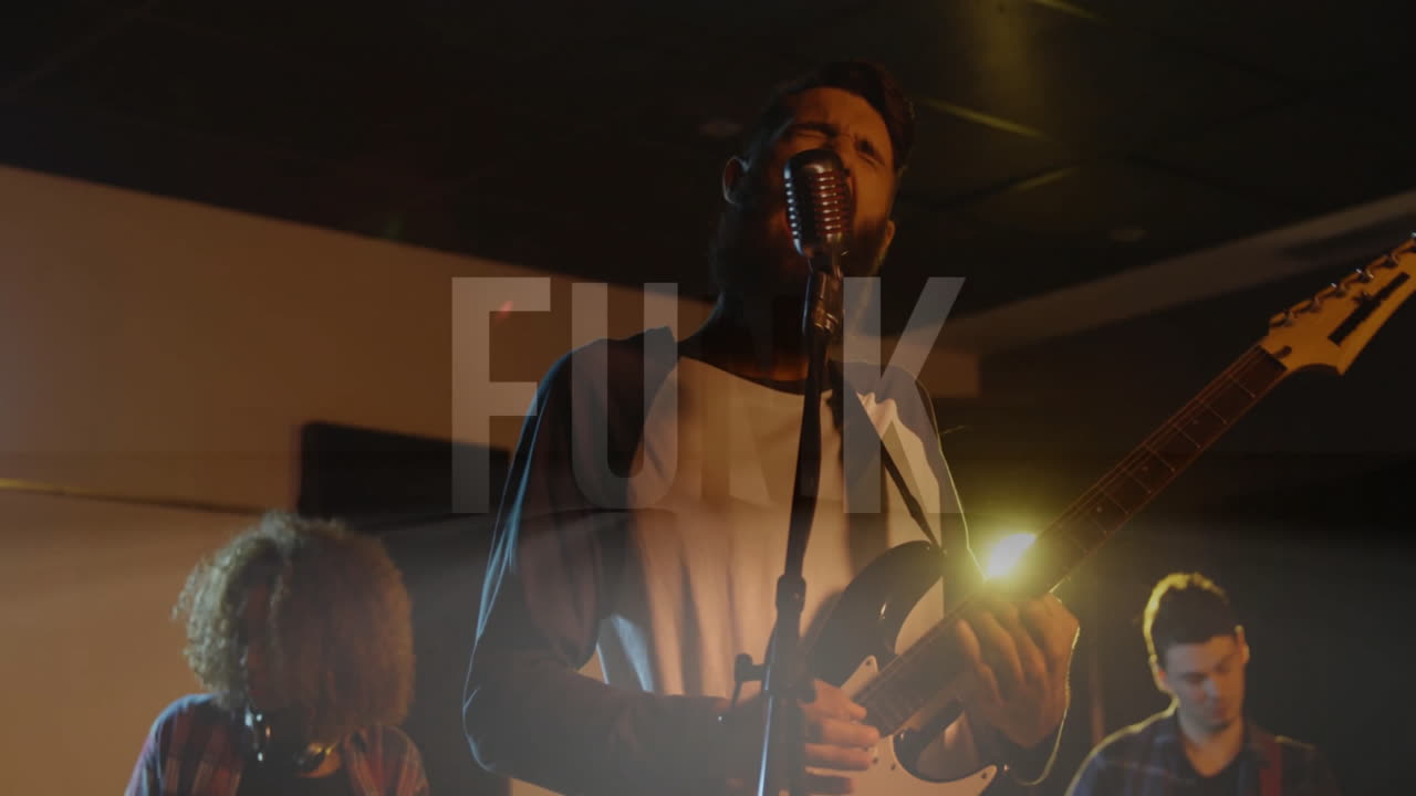 Bandmates performing live music on dim stage with electric guitar and animated sound waves