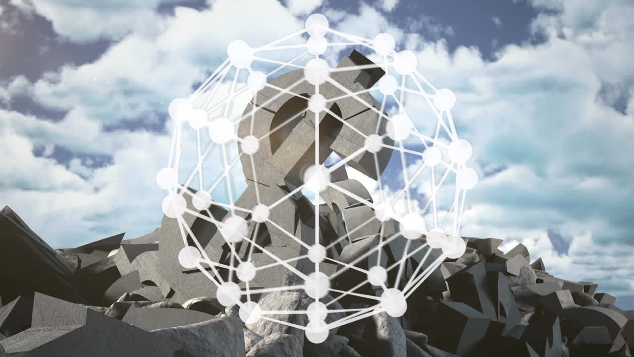 파란 하늘을 배경으로 깨진 달러 통화 기호 위에 회전하는 연결 네트워크의 지구