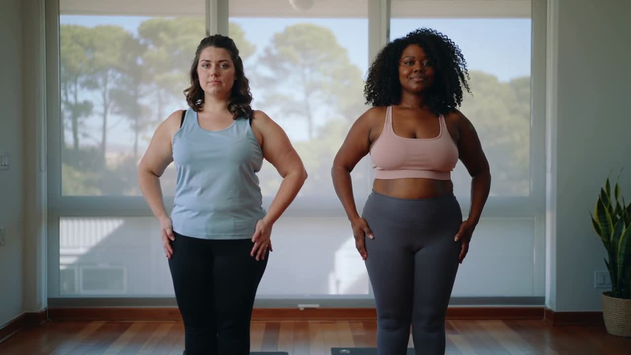 Due donne che mantengono una posa fitness sui tappetini, spostando sottilmente il peso mentre si preparano per l'allenamento iniziale.