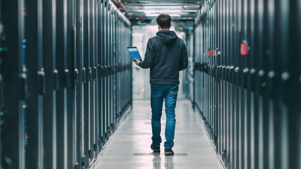 A Technician Navigates the Data Center Aisles, Managing Server Systems with a Laptop in Hand, Highlighting the Depth of Technology and Hardware Infrastructure