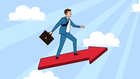 flat cartoon businessman character with case bag fly up in red arrow successful concept animation