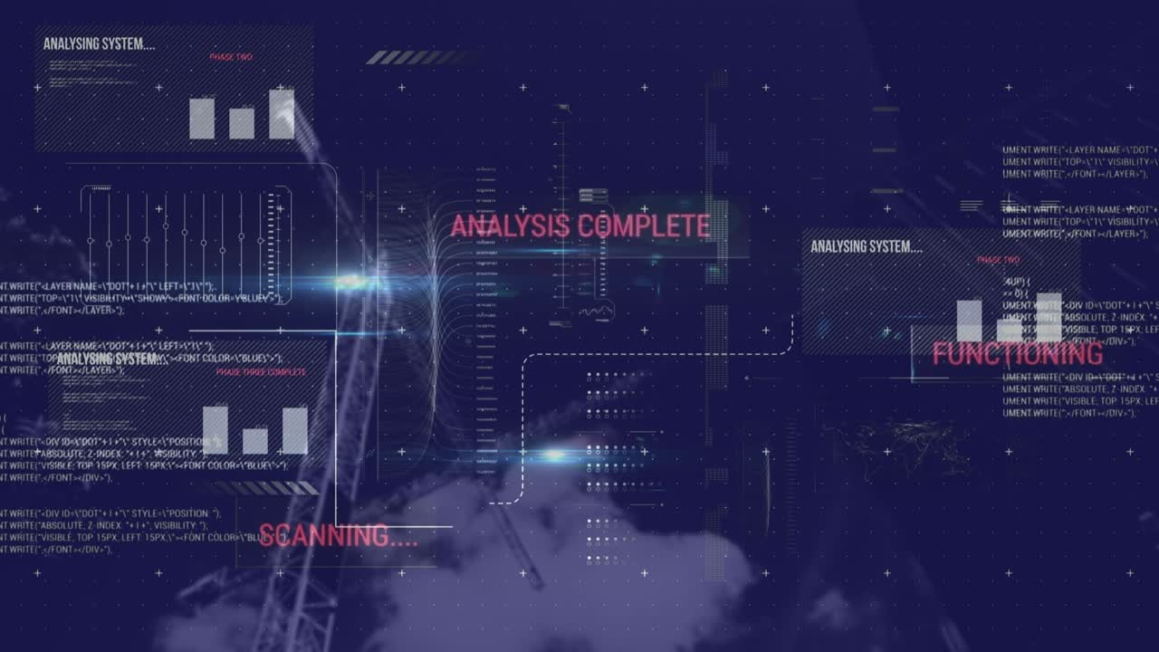 Animation of data and graphs processing on navy digital screen