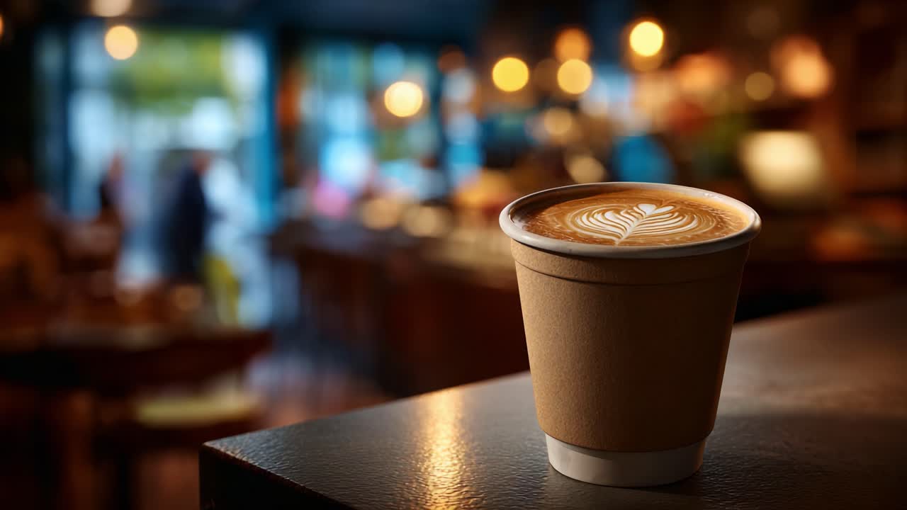 A Close-Up View of a Stylish Coffee Cup with Leaf Art in a Warm and Inviting Café Environment That's Perfect for Relaxation and Enjoying a Delicious Brew