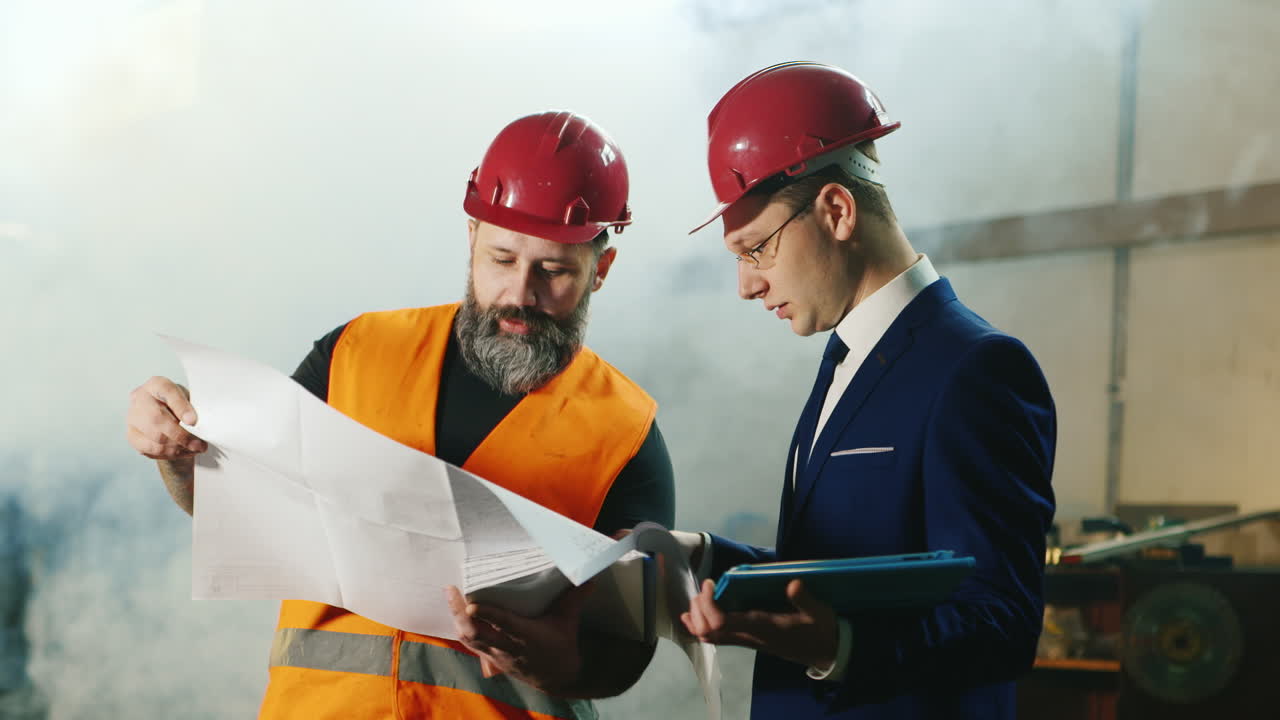 dos ingenieros estudian dibujos trabajan en el almacén 2