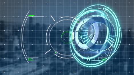 animation of scope scanning and financial data processing over cityscape