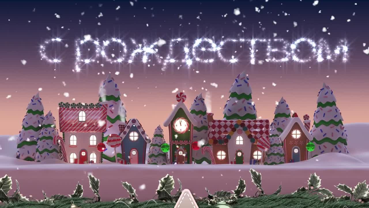 schastlivogo rozhdestva 텍스트와 눈이 여러 집에 떨어지는 om 겨울 풍경