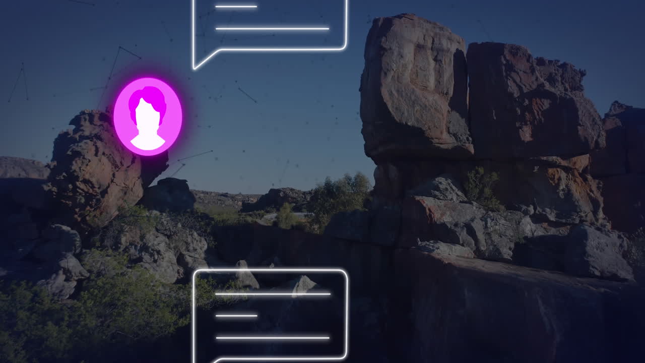 анимация иконок профилей и сообщений по сети соединений на фоне ландшафта с горами