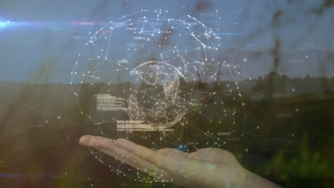 Floating digital globe above open hand, projecting 3D network spheres and data fragments