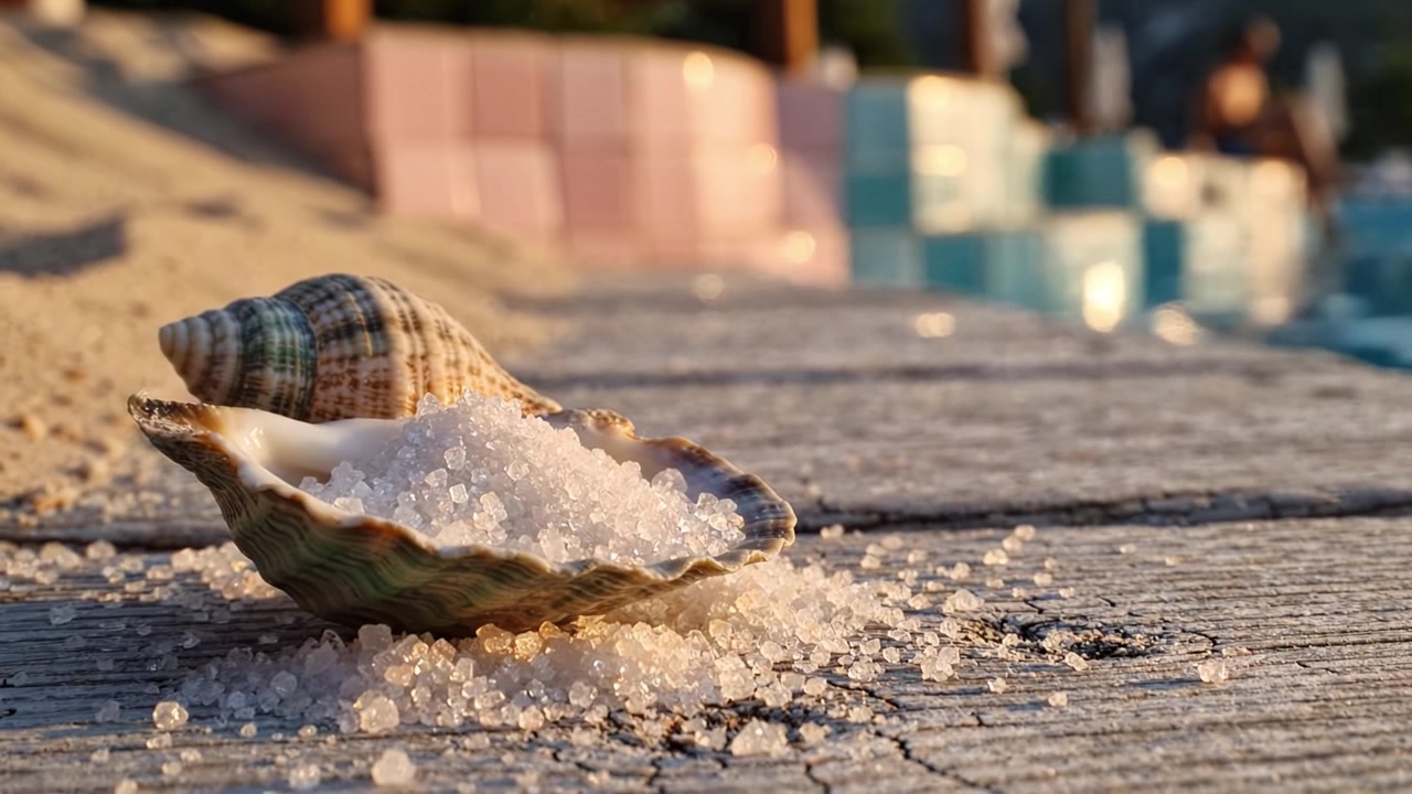 A Beautiful Close-Up of a Shell with Sea Salt Beachside Capturing the Serenity and Natural Beauty of Coastal Life in Warm Evening Light