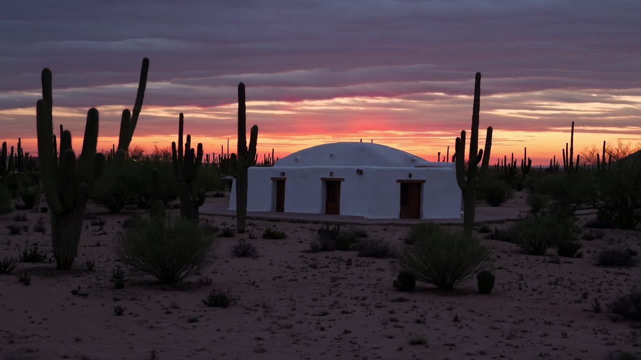 Desert Sunset with Cactus and White Building
