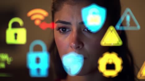 Woman interacting with a futuristic digital interface