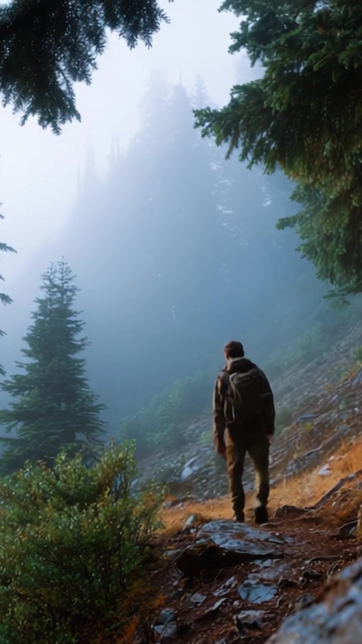 A solitary hiker trekking through misty forest trails, surrounded by lush green foliage and towering trees, embodying adventure and exploration in nature's beauty.