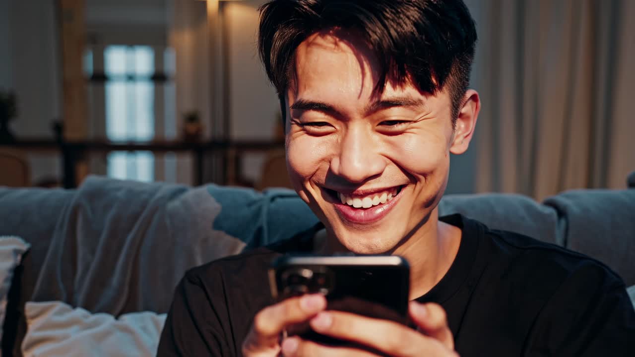 A young man smiling at his phone, captured in a cozy living room setting