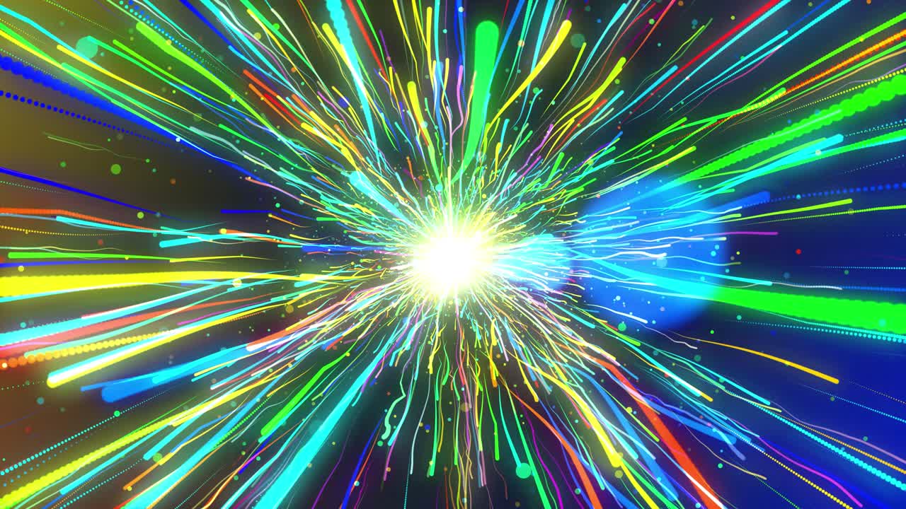 Flusso di dati digitali attraverso un cyberspazio oscuro, luce ultravioletta, laser, linee al neon, tunnel, spettro