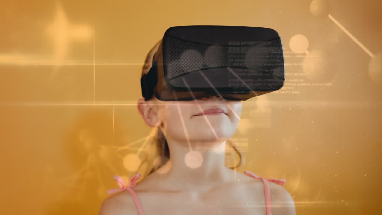 indossando cuffie vr, giovane ragazza che sperimenta la realtà virtuale, animazione di rete digitale