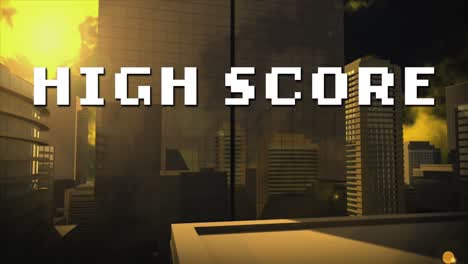 animation of white pixel text high score, over modern cityscape sunset
