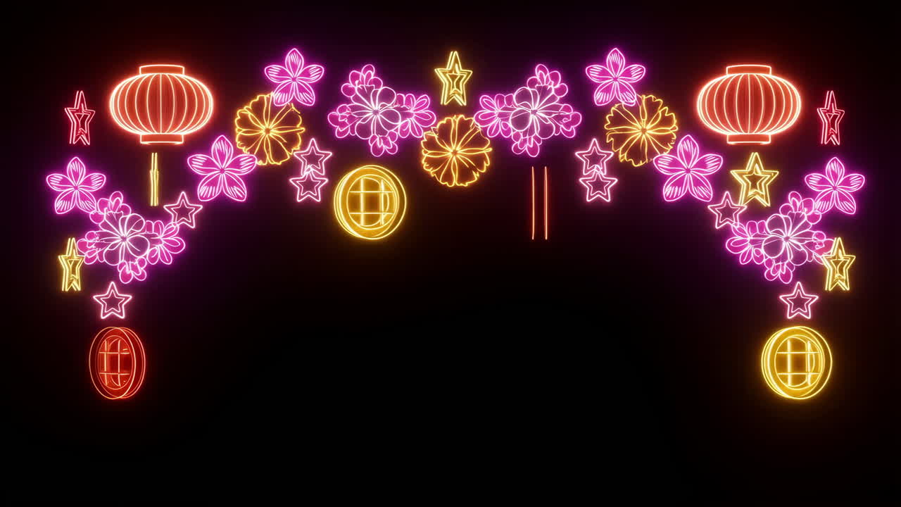 Vibrant Neon Arch with Asian-Inspired Lanterns and Flowers