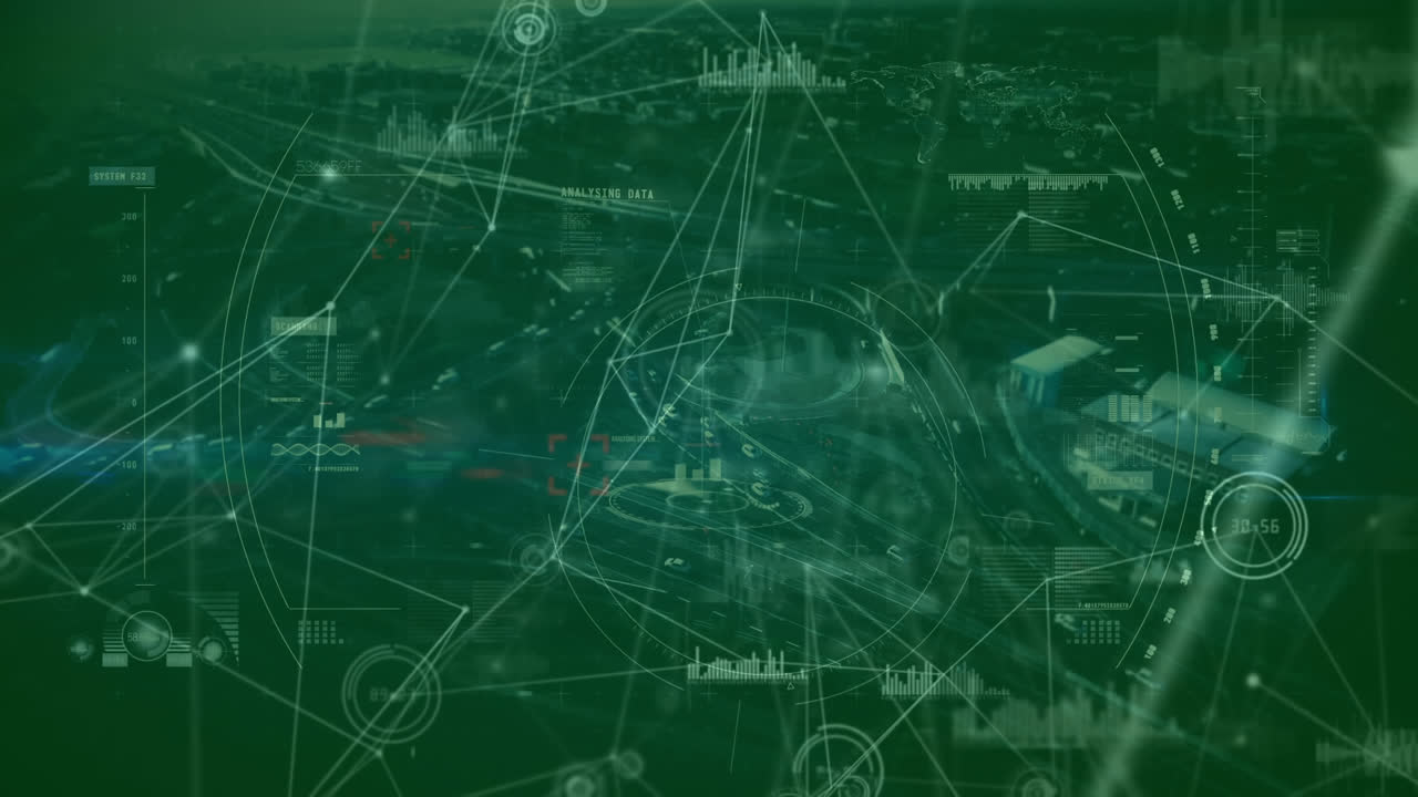 녹색 바탕에 디지털 정보와 함께 수학적 공식과 데이터 처리의 애니메이션