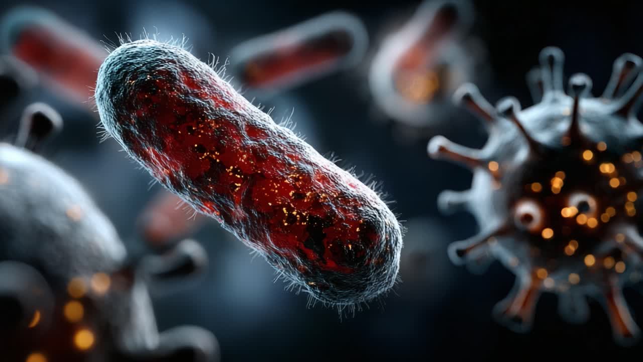 Una vista ravvicinata di microrganismi patogeni, con rendering dettagliati di batteri e virus in un affascinante ambiente microscopico.
