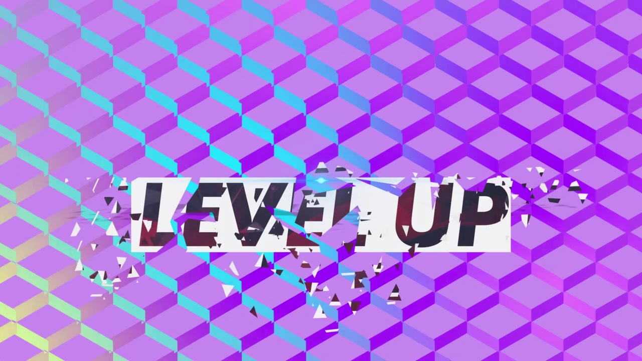 Testo "Level up" su sfondo astratto viola